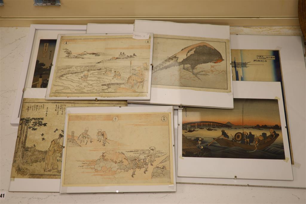 Eight assorted Japanese woodblock prints, largest 26 x 38cm